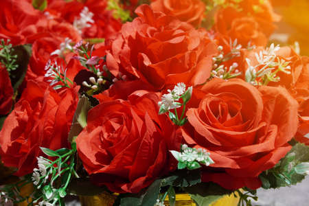 closeup red rose flowers and white flowers bouquet background, nature, copy space