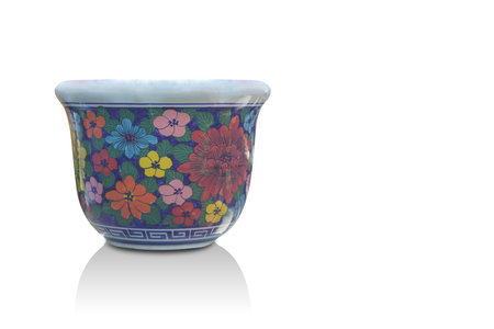 old blue and white ceramic pot on white background, decor, object, home, house, vintage, copy spaceの写真素材