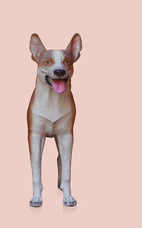 front view small white and brown dog looking and stand on pink background, statue, animal, beautiful, decor, object, fashion, copy spaceの写真素材