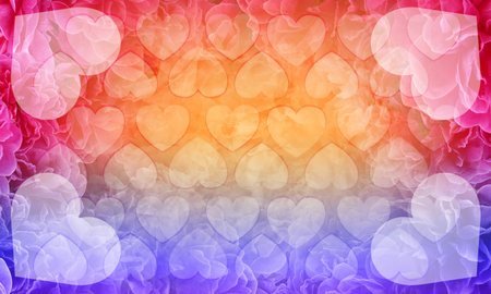 abstract blur big heart placed in four corners and blur heart stacked on blur pink and violet roses...