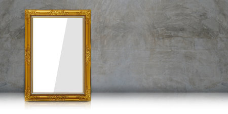 front view white and grey paper on golden rectangular frame, old cement wall background, object, decor, fashion, gift, photo, banner, template, copy spaceの写真素材