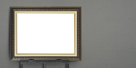 front view white paper on golden and brown wooden rectangular frame on black steel stand, grey...