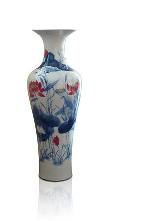 old large white and blue and red ceramic vase on white background, object background, decor, vintage, retro, fashion, copy spaceの写真素材