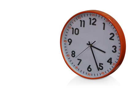 orange and white wall clock, on white background, object, decor, decoration, banner, template,...