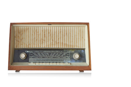 front view large antique and rust brown wooden radio on white background, object, decor, fashion, copy spaceの写真素材