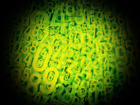 large and small blur yellow and green numbers arranged overlapping each other on blur green and black background, banner, template, number, background, web, object, green, gradient, copy spaceの写真素材