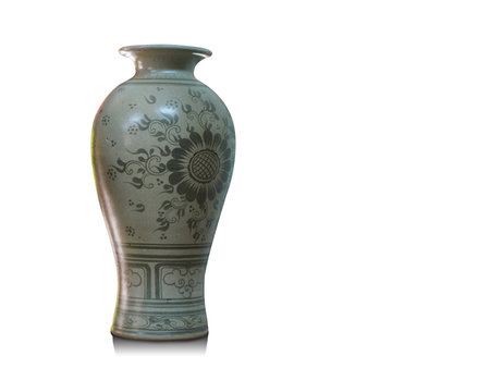 antique large green ceramic vase on white background, decor, object, copy spaceの写真素材