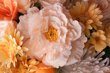 top view pink color flower and yellow gerbera and rose flower background, love, valentine, nature