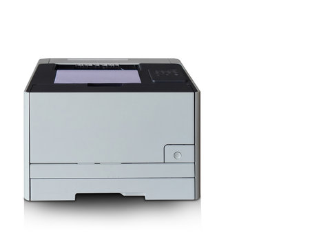 front view black and white laser printer resting on white background, decor, technology, fashion,...