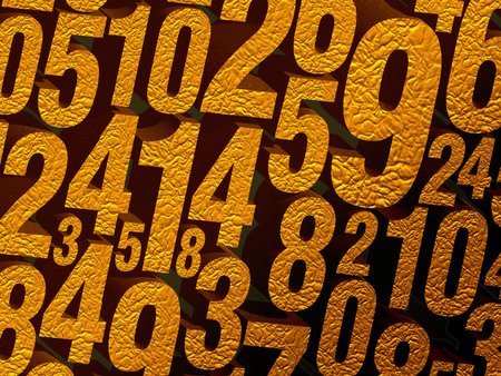 gold numbers of many sizes stacked on top of each other on black and red background, business,...