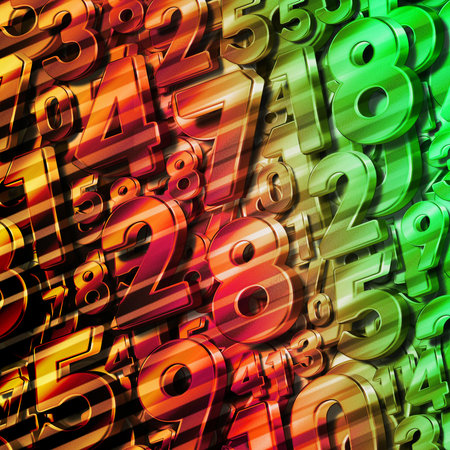 A beam of light crosses the numbers 0-9, large and small. Lots of them on a multi-colored background, color, decor, decoration, banner, spaceの写真素材