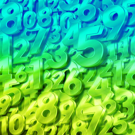 Lots of large and small math numbers superimposed on the green and blue color background, number, fantasy, colorful, decor, decoration, copy spaceの写真素材