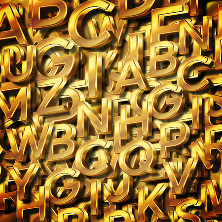 The gold large and small English letters a-z are arranged overlapping each other on a gold background, word, letters, english, copy spaceの写真素材