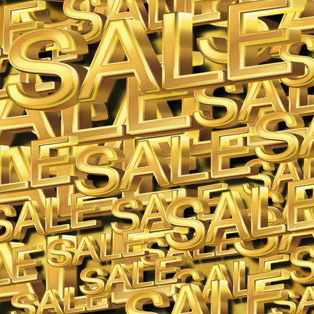 Letters for the word "Sale" in gold, large and small. stacked on top of each other, on gold background, pattern, banner, copy spaceの写真素材