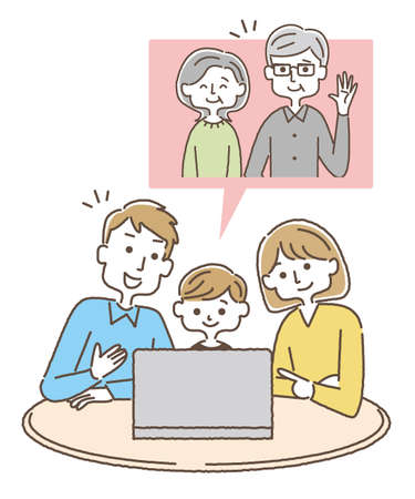 Parents and children make video calls on their laptopsのイラスト素材