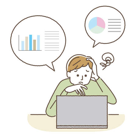 A man with a troubled face who operates a personal computerのイラスト素材