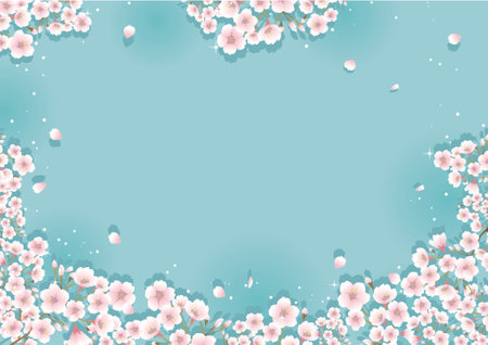 Cherry blossom frame on a blue background. Vector illustration.のイラスト素材