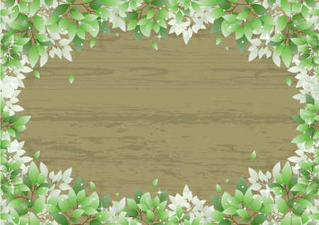 Frame with green leaves on wooden background. Vector illustration. Eps 10.のイラスト素材