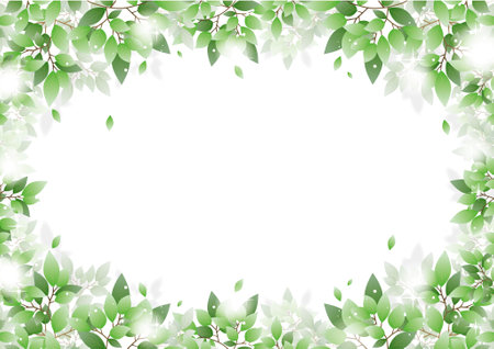 Fresh green leaves background vector illustration. Spring nature background with copy space.のイラスト素材