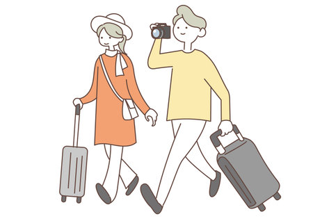 Illustration of a Couple Walking with Suitcases and Cameraのイラスト素材