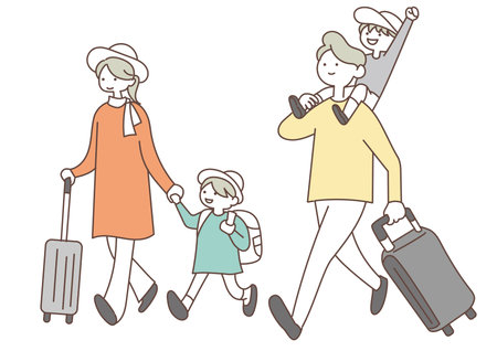 Illustration of a family walking with suitcases and carrying luggage.のイラスト素材