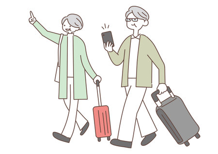 Illustration of a Senior Couple Walking with Suitcase and Smartphoneのイラスト素材