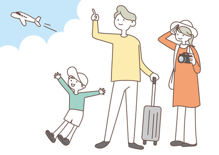 Illustration of a happy family traveling with luggage and taking pictures of airplaneのイラスト素材