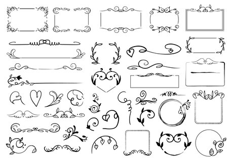Vector set of calligraphic design elements and page decoration. Hand drawn illustrationのイラスト素材