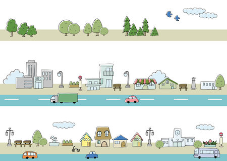 Cartoon city landscape. Set of vector illustrations in flat style.のイラスト素材