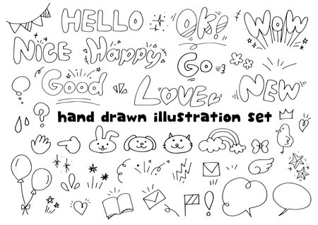 Set of cute hand-drawn letters and illustration materialsのイラスト素材