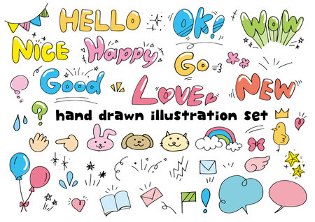 Set of cute hand-drawn letters and illustration materialsのイラスト素材