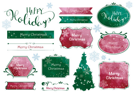 Christmas and New Year hand drawn watercolor labels. Vector illustration.のイラスト素材