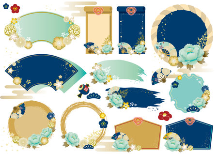 New Year's card template with Japanese style frame and Japanese patternのイラスト素材
