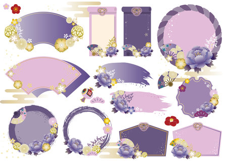 New Year's card template with Japanese style frame and Japanese patternのイラスト素材
