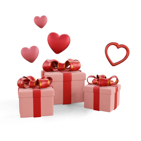 Gift boxes with red hearts on a white background. 3d rendering.
