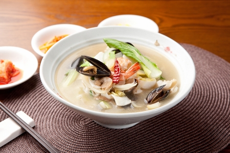 jjamppong, Chinese-style noodles with vegetables and seafood, chaomamianの写真素材