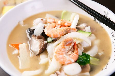 jjamppong, Chinese-style noodles with vegetables and seafood, chaomamianの写真素材