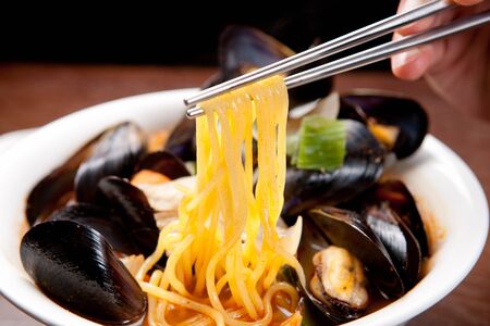 jjamppong, Chinese-style noodles with vegetables and seafood, chaomamianの写真素材