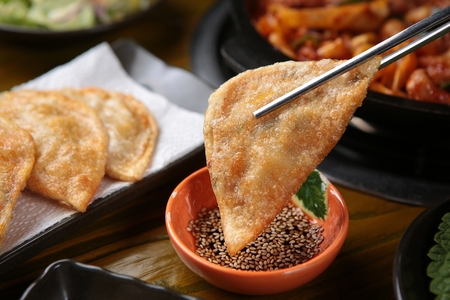 Fried Flat Dumplings on tableの写真素材