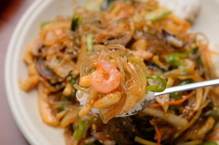 Rice with Stir-fried Glass Noodles and Vegetablesの写真素材