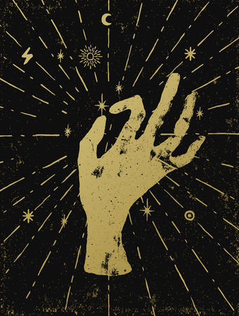 Gold witch's hand with light rays and symbols of the elements of the cosmos. Vector illustration on black textured background. Tattoo, sticker, patch or poster print design.のイラスト素材
