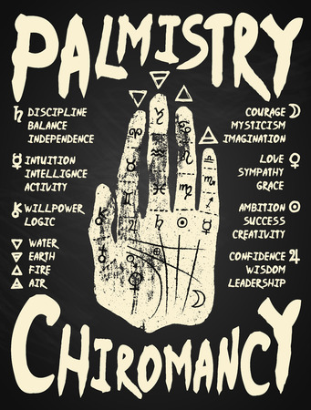 Palmistry, chiromancy. White on a blackboard background. Poster print design, vector illustration.のイラスト素材