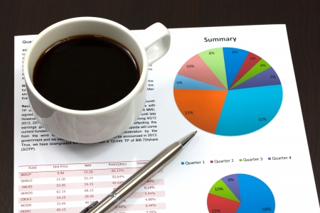 Business report. Cup of coffee on document.の写真素材