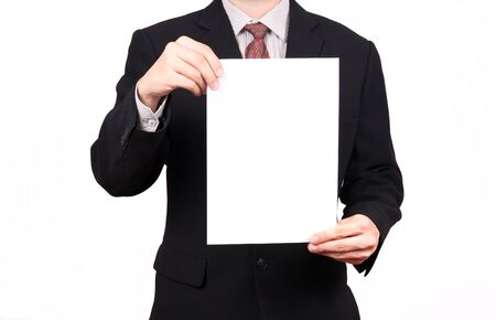 businessman holding a blank white boardの写真素材