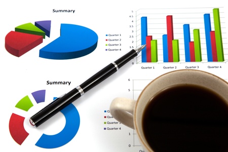 Business report with cup of coffeeの写真素材