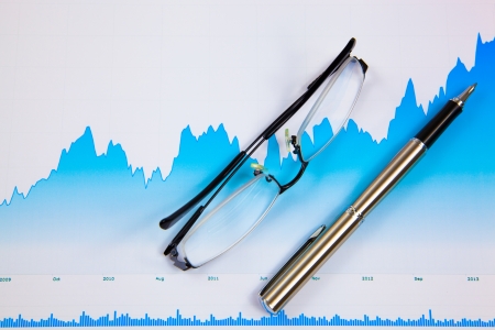 A pen and spectacles on the Stock chart and financial reportの写真素材