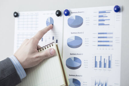 Businessman pointing to flip board with chart in office