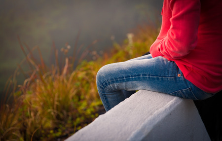 woman hiker enjoy the view at mountain peakの写真素材