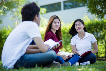Group of students sharing with the ideas on the campus lawnの写真素材
