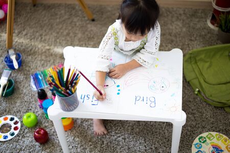 Asian cute little child girl drawing at home. Education conceptの写真素材